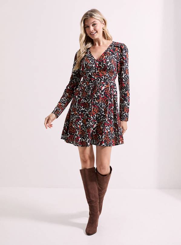 DOROTHY PERKINS Animal Shirred Shoulder Empire Long Sleeve Mini Dress 14